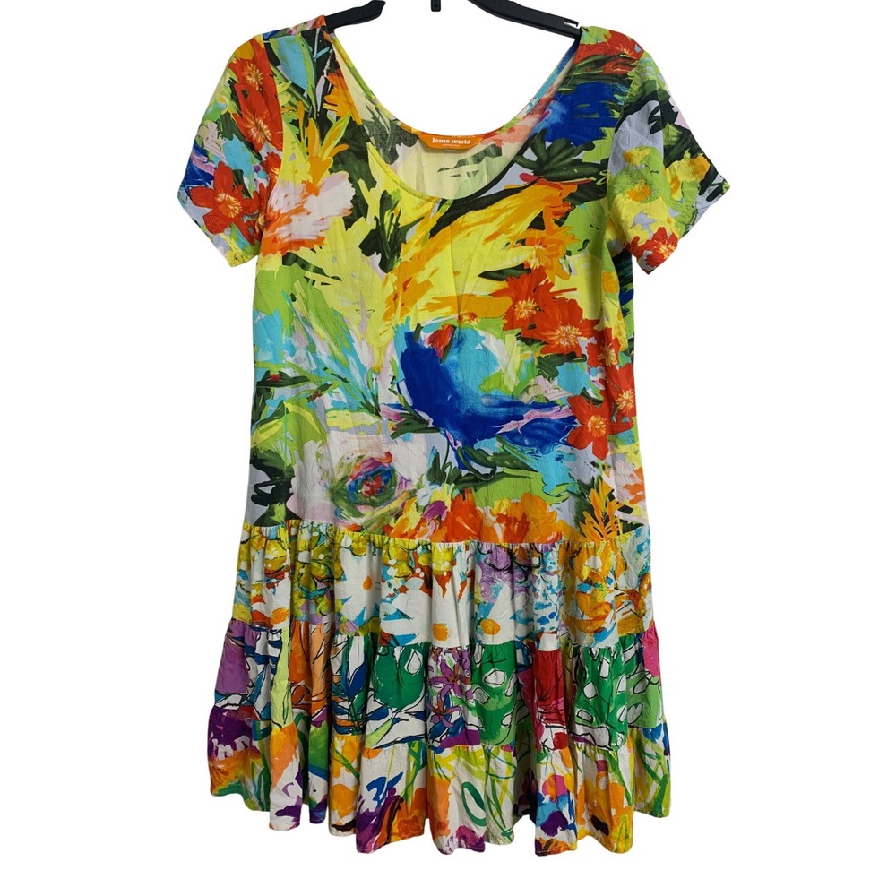 Jams World Honolulu Floral Tiered Mini Dress Multi‎ Color Short Sleeve Beach